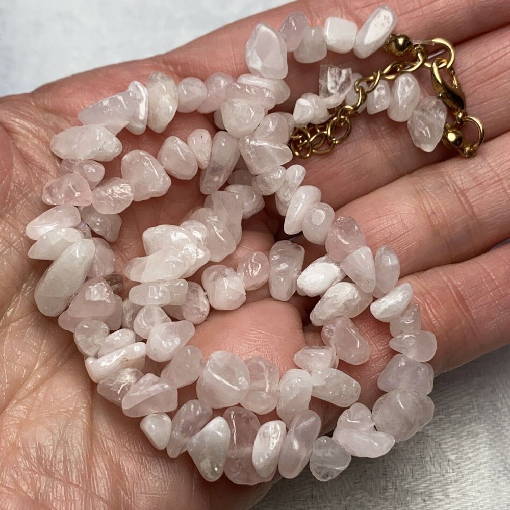 Pink & White Rose Quartz Chip Bead Adjustable Length Necklace Lobster Claw Clasp